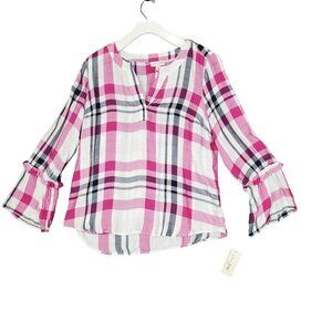 NWT MAISON JULES Womens‎ Blouse SZ L Plaid Long Bell Sleeves Pink Lightweight